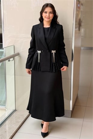 Matex Kruvaze Yaka Güpür Ve Taş İşlemeli Ceket İçlik Etek 3Lü Set Abiye Takım
