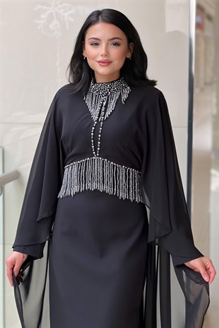White Corner Pelerin Detaylı Zincir Taşlı Abiye