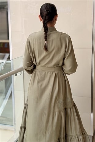 Nurcan Çetin Nakış Detaylı Kuşaklı Cotton Elbise