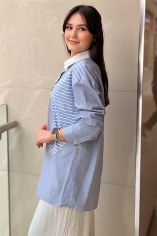 Ghisa Taş Ve Gold Biye Detaylı Çizgili Gömlek