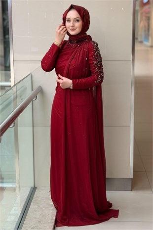 Fashion Night Kolları Taşlı Şifon Tül Abiye Elbise