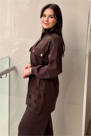 Nuss Geometrik Desenli Önden Çıtçıtlı Bel Büzgülü Kap Pantolon Takım