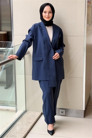 Tığ Triko Yaka Detaylı Blazer Ceket Pantolon Takım