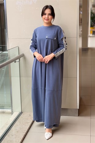 Nurcan Çetin Kolları Çizgili Cep Kapaklı Tam Boy Elbise