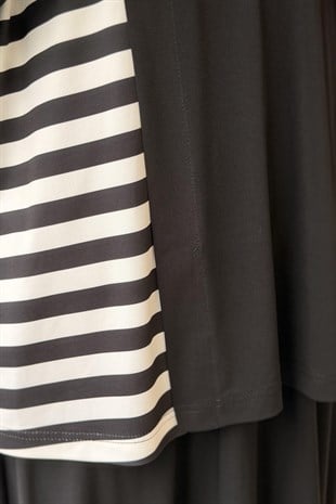 Nurcan Çetin Siyah Beyaz Çizgili Kolsuz Tunik İçlik Etek 3lü Set Takım