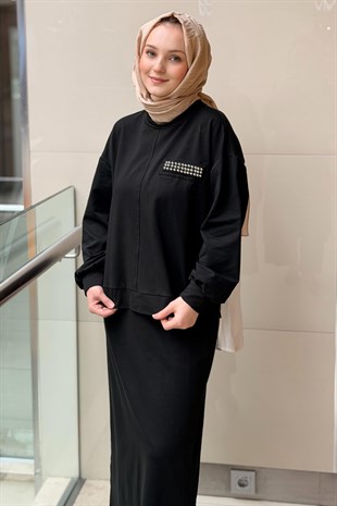 Nurcan Çetin Zımba Detaylı Color Mix Tunik Etek Takım