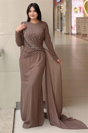 Fashion Night Drapeli Taş İşlemeli Tül Abiye Elbise