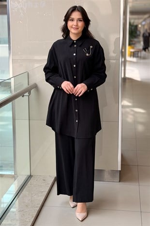 Nurcan Çetin Broş Detaylı Gömlek Pantolon Basic Takım