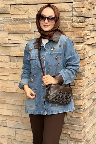 Mahal Yaka Ve Kol Ucu Deri Detaylı Boncuk İşlemeli Denim Ceket