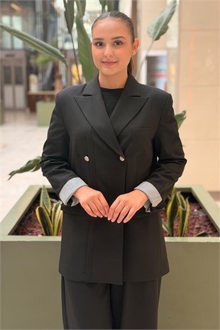 Ghisa Kruvaze Yaka Arkası Açılabilir Düğme Detaylı Ceket Pantolon Takım