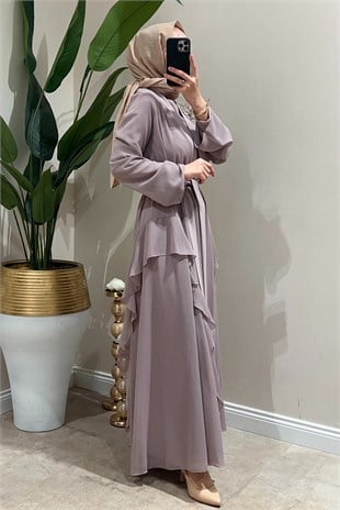 Heddy Omuzu Boncuk İşli Fırfırlı İç Elbiseli Abaya