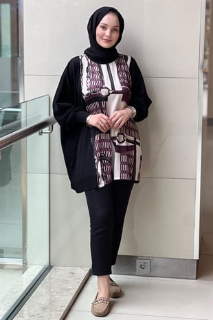 Ghisa Saten Triko Kombinli Desenli Tunik