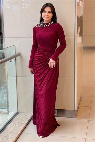 Fashion Nigth Yaka Ve Beli Taş Detaylı Abiye Elbise
