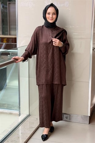 Ghisa Piton Desenli Şal Yaka Tunik Pantolon Takım