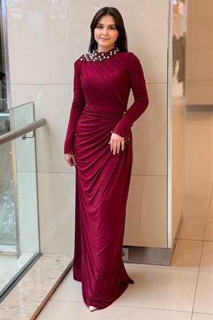 Fashion Nigth Yaka Ve Beli Taş Detaylı Abiye Elbise