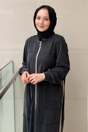 Nurcan Çetin Yanları Çizgili Önden Fermuarlı Ferace