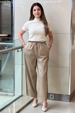 Twist Beli Lastikli Yanları Nervürlü Bol Paça Pantolon