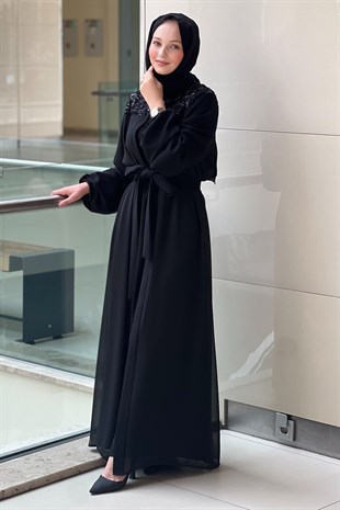 Heddy Omuzları Ve Sırtı İşli İç Elbiseli Abaya