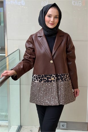 Ghisa Kare Desenli Pul Payet Ve Leopar Detaylı Deri Ceket