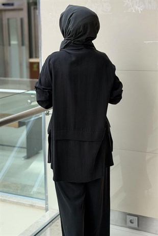 Nurcan Çetin Nervür Detaylı Oval Yırtmaçlı Gömlek Pantolon Takım