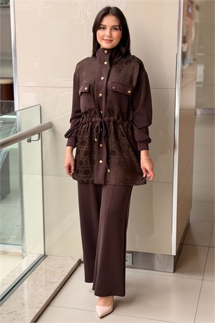 Nuss Geometrik Desenli Önden Çıtçıtlı Bel Büzgülü Kap Pantolon Takım