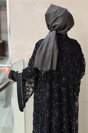 Matex Pul Payetli Önü Açık İçli Dışlı Elbiseli Abaya