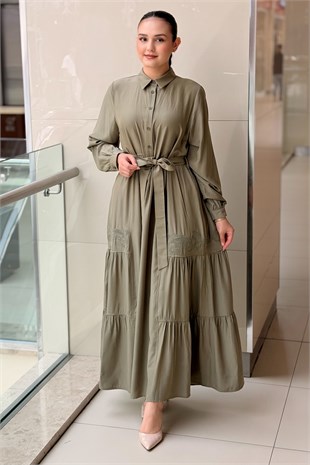 Nurcan Çetin Nakış Detaylı Kuşaklı Cotton Elbise
