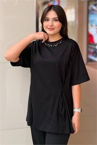 Kahma Yaka Taş İşlemeli T-Shirt