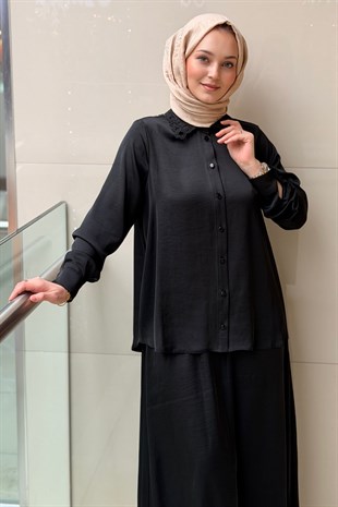 Nurcan Çetin Yakası Lazer Kesim Saten Gömlek Etek Takım