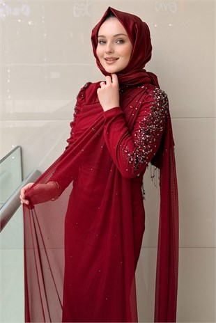 Fashion Night Kolları Taşlı Şifon Tül Abiye Elbise
