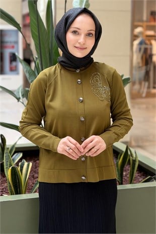 Nuss Çiçek Boncuk İşlemeli Merserize Hırka