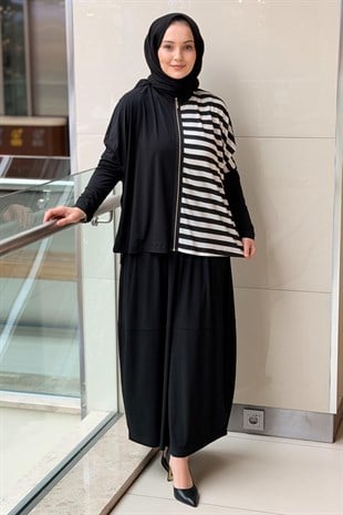 Nurcan Çetin Siyah Beyaz Çizgili Fermuarlı Tunik Etek Takım