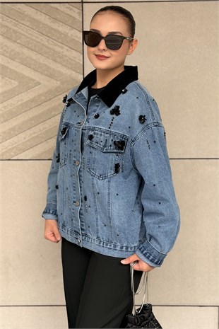 Mahal Yakası Kadife Detaylı Boncuk İşlemeli Denim Ceket