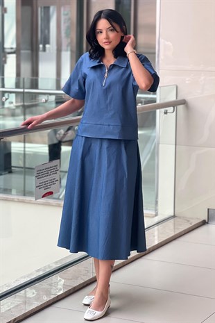 On Fashion Önü Kısa Fermuarlı Bluz Etek Takım