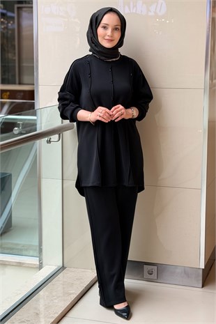Fuat Gürşen Biye Detaylı kristal Taş İşlemeli Tunik Pantolon