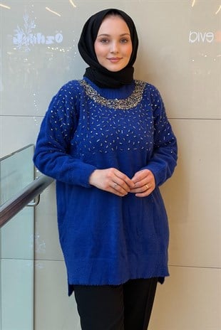 Nuss Sıfır Yaka Serpme Boncuk İşlemeli Angora Tunik