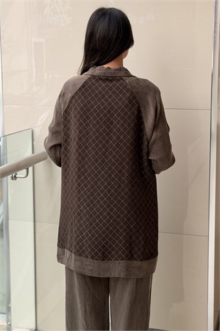 Fuat Gürşen Kumaş Mix Kare Desenli Yarım Fermuarlı Tunik Pantolon Takım