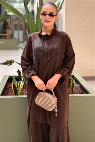 Heddy Bürümcük Kumaş Kombinli Yarım Fermuarlı Tunik Pantolon Takım