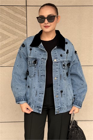 Mahal Yakası Kadife Detaylı Boncuk İşlemeli Denim Ceket