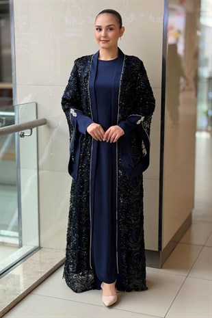 Matex Pul Payetli Önü Açık İçli Dışlı Elbiseli Abaya