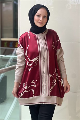 Ghisa Triko Detaylı Desenli Saten Tunik