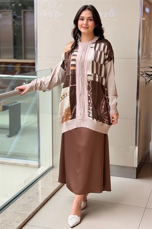 Ghisa Triko Detaylı Desenli Saten Tunik
