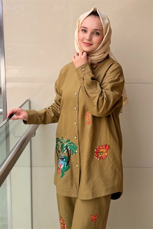 Ghisa Renkli Desen İşlemeli Keten Gömlek Pantolon Takım