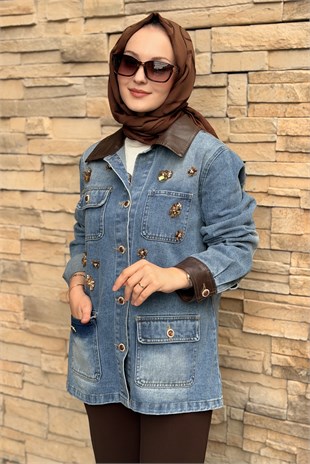 Mahal Yaka Ve Kol Ucu Deri Detaylı Boncuk İşlemeli Denim Ceket