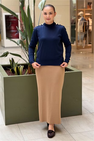 Nuss Omuz Ve Kol Ucu Gold Düğme Detaylı Merserize Kazak