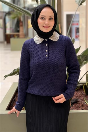Ghisa Yakası İnci İşlemeli Örgü Desenli Triko Tunik