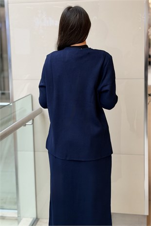 Ghisa V Yaka Tek Düğme Hırka Etek Triko Takım