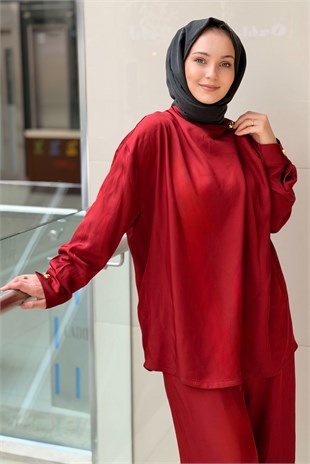 Ghisa Yaka Gold Düğmeli Asimetrik Kesim Tunik Pantolon Takım