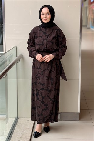 Kahma Asimetrik Yaka Desenli Gömlek Etekli Takım