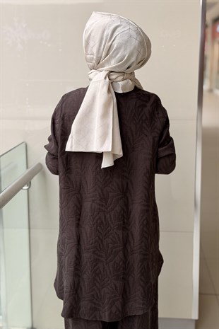 Nurcan Çetin Kendinden Yaprak Desenli Tunik Pantolon Takım